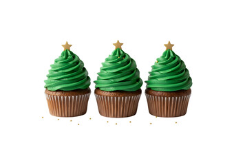 Cupcakes topped with green buttercream. They feature a Christmas tree design with a gold star on top, sitting in a brown cup. Set against a white background.