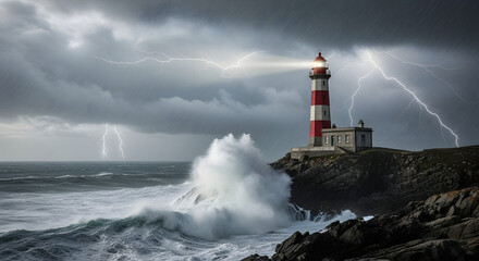 Obraz premium Lighthouse During Storm Ocean Waves Crashing Lightning Strikes Rough Sea Dramatic Weather Coastline Beacon Light