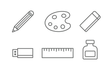minimal outline vector icons of artist tools and creative art supplies isolated on white background