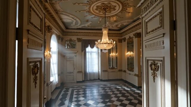 Luxurious classical hall with crystal chandeliers and checkered floor