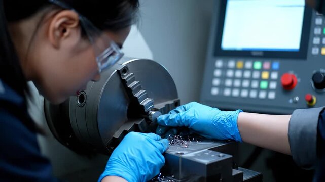Machinist operates lathe cnc control. Operator performs precision machining and tooling. Metalworking in manufacturing factory environment. Glove hands adjust chuck. Panel and metal shavings visible.