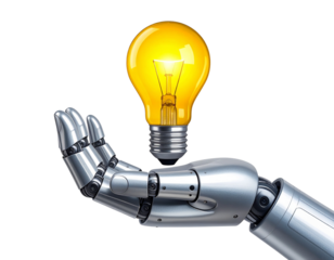 Robotic Hand Gently Holding a Glowing Light Bulb, Isolated on Transparent Background