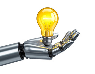 Robotic Hand Gently Holding a Glowing Light Bulb, Isolated on Transparent Background