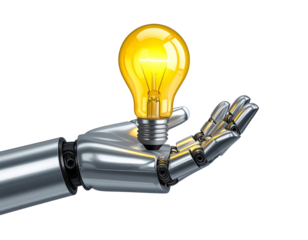 Robotic Hand Gently Holding a Glowing Light Bulb, Isolated on Transparent Background