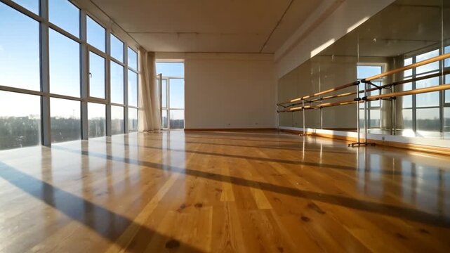 Bright and spacious empty dance studio featuring a wooden floor, large windows, mirrors, and ballet barres
