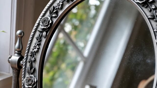 Elegant Oval Mirror with Ornate Silver Rose and Leaf Frame Reflecting a Window