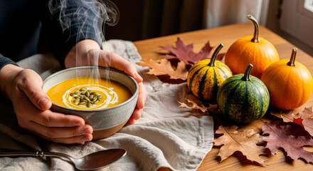 Warm bowl of pumpkin soup held by hands with autumn pumpkins nearby  