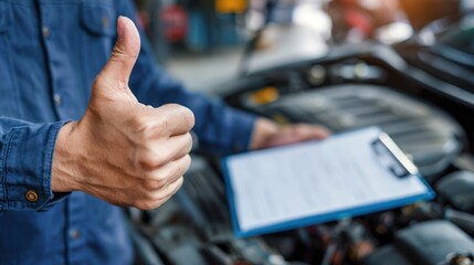 Mechanic Giving Thumbs Up while Reviewing Car Maintenance Checklist