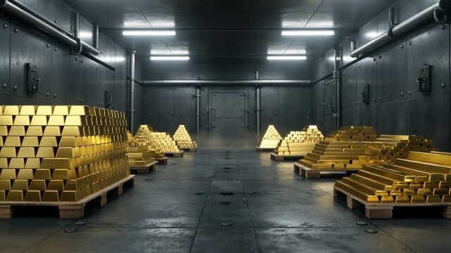 A secure vault filled with countless shimmering gold bars stacked on pallets