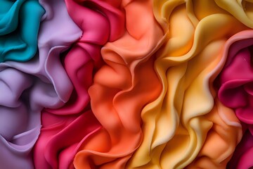 Colorful wavy fabric folds in vibrant rainbow colors creating abstract pattern with soft texture and flowing curves. Macro photography of textile material.