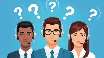 Diverse team of customer support agents with question marks above heads - Powered by Adobe