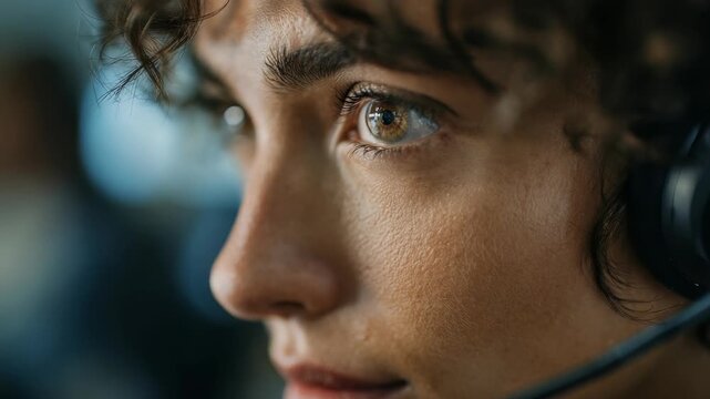 A detailed macro shot captures the expressive eyes and facial features of a female customer service representative. The headset and blurred background suggest a busy, tech driven workspace