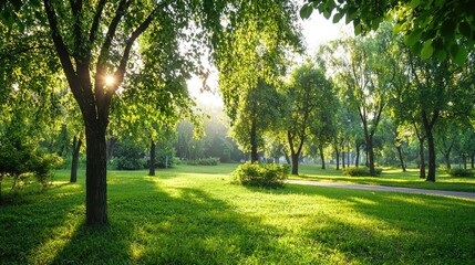 Fototapeta premium Serene Green Park with Sunlight Filtering Through Lush Trees and Gentle Grass Surfaces in Morning Light