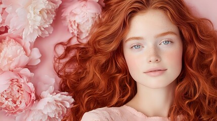 Young woman with flowing red curly hair and blue eyes against pink background with delicate peony flowers creating romantic spring portrait composition.