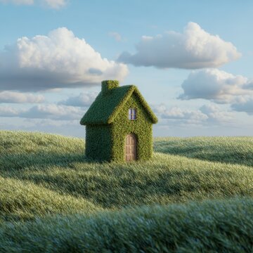 Unique house made of grass stands in a lush green field under a cloudy blue sky during the day