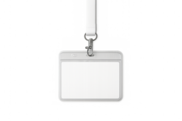 Blank id card holder attached to a white lanyard, providing identification mockup template on transparent background