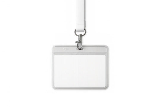 Blank id card holder attached to a white lanyard, providing identification mockup template on transparent background