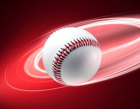 Baseball with red stitching against a vibrant red background with glowing, swirling light trails around the ball