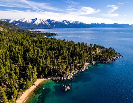 Aerial view of shoreline with a forest, lake, mountains and clear sky