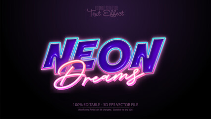 Neon Dreams glowing retro text effect with vibrant pink and blue colors on dark background vector design