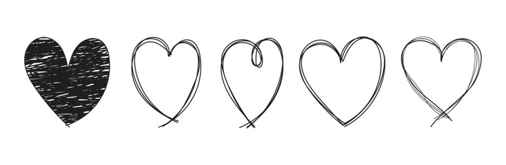 Set of Five Hand-Drawn Black Heart Shapes: Scribble Filled and Doodle Outline Icons, Love and Romance Sketch Graphics, Valentine's Day Design Elements
