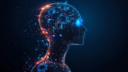 Naklejka premium Digital profile silhouette made of glowing blue and orange particles on dark background, representing artificial intelligence and neural networks.