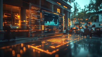 Futuristic digital interface with glowing orange and blue graphs floating over reflective surface against blurred urban background, modern technology visualization.