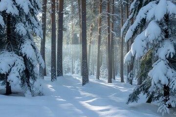 Naklejka premium Snow-Covered Trees in Winter Forest