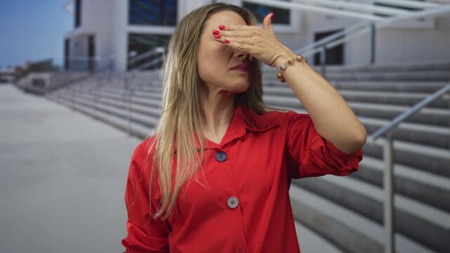 Woman shielding her eyes with hand in front of a contemporary concrete building staircase under bright sunlight; discomfort.