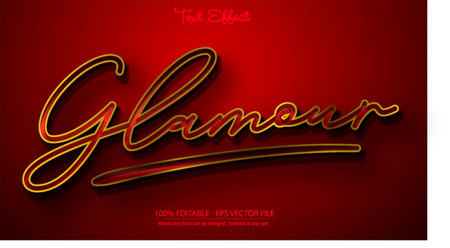 Glamour word with gold glitter and red background elegant shiny text effect design vector illustration