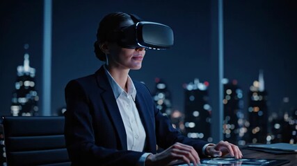 Woman in business suit using virtual reality headset at office desk with city lights at night, metaverse concept footage. - Powered by Adobe