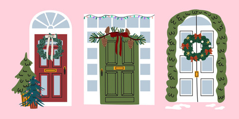 Festive entrance doors set decorated with traditional Christmas wreath, branches, garland in cartoon retro style. Xmas decorated home front door. Winter holiday vector illustration © luamor