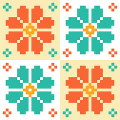 Vibrant geometric floral pattern with pixelated flowers in orange and teal, creating a symmetrical and seamless digital folk art background