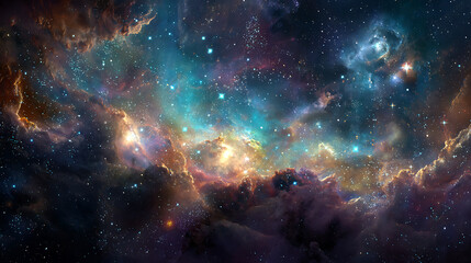 Fototapeta premium Vibrant cosmic nebula with swirling blue, teal, orange gases, bright stars, and misty filaments afar