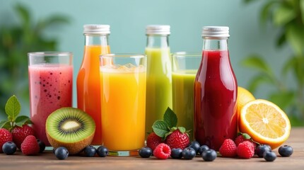 Vibrant assortment of healthy fruit smoothies and juices for wellness advertising and balanced lifestyle