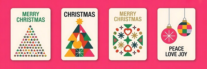 Set of christmas card designs with geometric shapes on a pink background