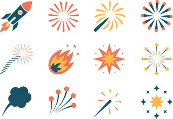 Fireworks Celebration Icon Set — Rocket, Sparkler, Explosion, Starburst, Festive Light Vector