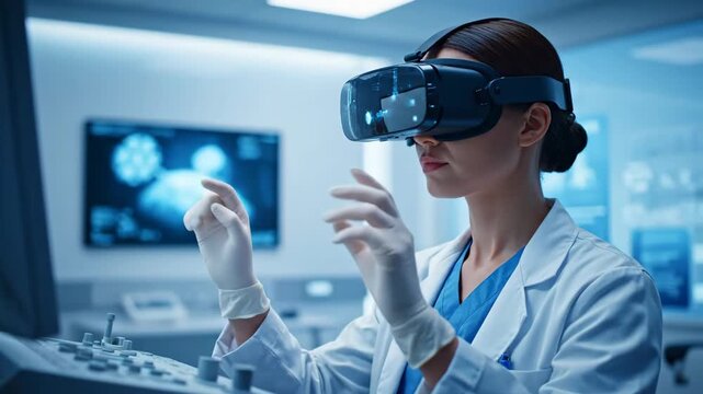 Woman doctor using virtual reality headset for medical examination and surgical planning in clinical research footage - Powered by Adobe