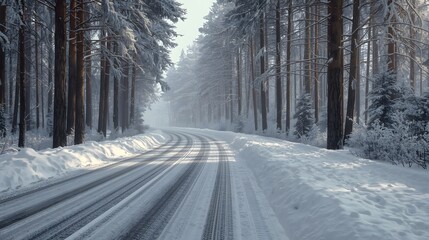 Obraz premium Snowy Forest Road with Car Tracks