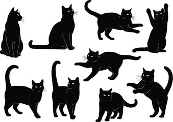 Black cat silhouette set in various poses, playful feline vector illustration, isolated graphic design elements
