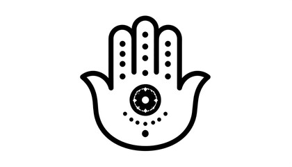 A black and white stylized hand symbol with an eye in the palm, on white