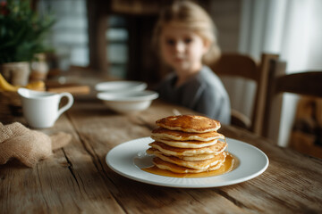 Stack of golden pancakes drizzled with syrup on a rustic wooden table, with a child visible in the background, ready to enjoy.