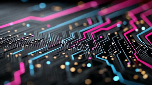 Abstract Digital Circuit Board with Colorful Lines and Dots on Dark Background