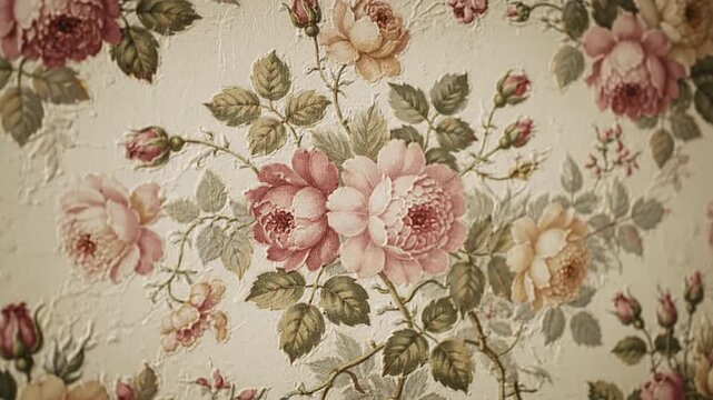 Elegant floral wallpaper design featuring vintage pink and cream roses with lush green leaves on textured background, perfect for adding charm and warmth to any interior space