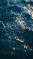 Dynamic water splash with golden bokeh lights against deep blue background, capturing motion of droplets and ripples in macro photography.