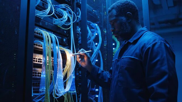 technician inspects server cabling. network checks in data center. it maintenance for infrastructure. technology engineer monitors performance and uptime. racks glow with blue led indicator lights.