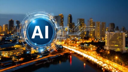 AI Cityscape: Illuminated cityscape symbolizing technological advancement with a prominent AI icon. Futuristic city. Evening atmosphere, with city lights adding to the technological ambiance. - Powered by Adobe