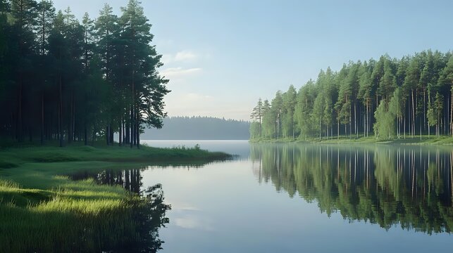 Tranquil forest lake surrounded by tall pine trees reflecting in calm water during early morning light, green grass on shoreline creates serene natural landscape.