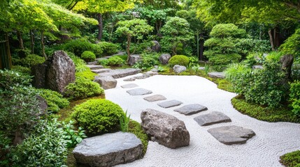 Tranquil Zen Garden with Stepping Stones and Lush Greenery Surrounded by Rocks and Vibrant Plants in Serene Landscape