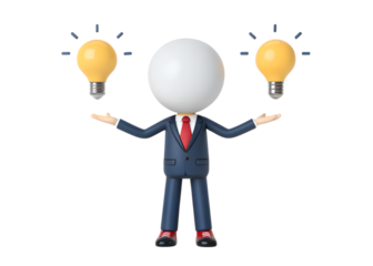 Cartoon man with a sphere head balancing light bulb ideas